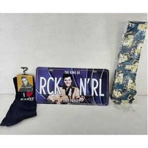 Elvis Presley Collectible Bundle - Novelty Necktie, Socks, and License Plate